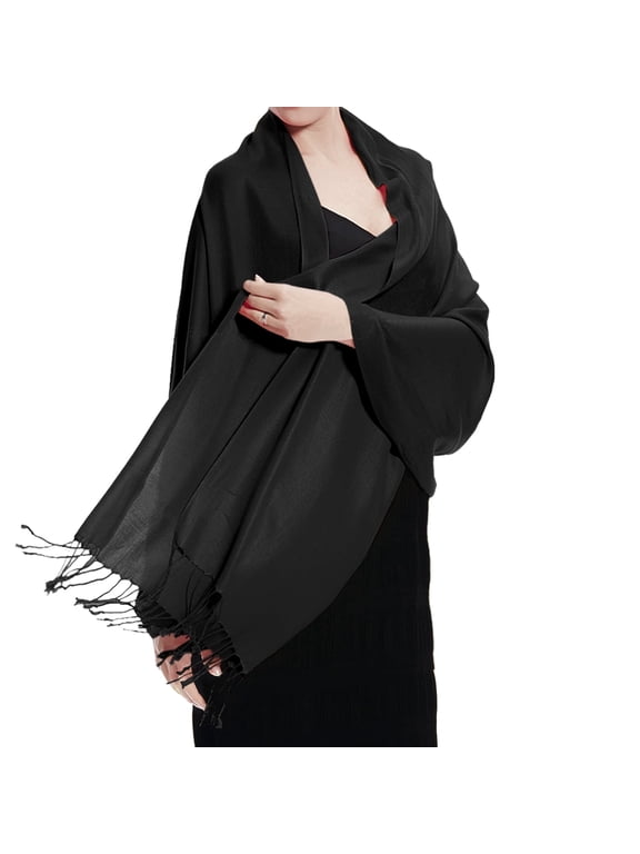 Women Black Pashmina Shawl and Wrap Soft Solid Color Scarf with Fringes