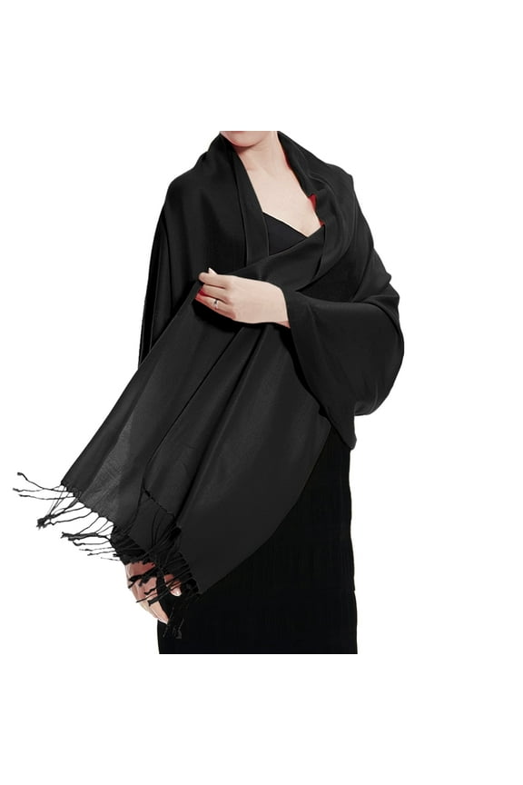 Women Black Pashmina Shawl and Wrap Soft Solid Color Scarf with Fringes