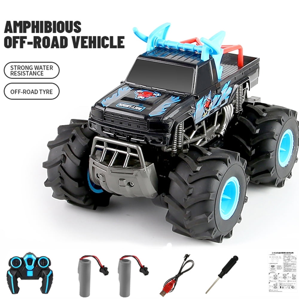 4WD Amphibious Remote Control Car - 2.4G High Speed Off-Road Stunt Vehicle, Waterproof Double-Sided Driving RC Car Toys Gift,,Blue，2 Battery