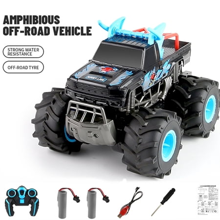 ? 4WD Amphibious Remote Control Car - 2.4G High Speed Off-Road Stunt Vehicle, Waterproof Double-Sided Driving RC Car Toys Gift,,Blue,2 Battery