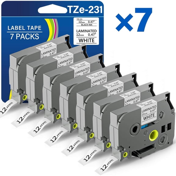 TZE-231 12mm 0.47 Laminated Black on White Tape Replacement for TZ TZE TZE231 12mm 1/2" 8m Tape for P-Touch PT-D220 PTD220 PT-D210 PT-H110 PT-D200 PT-D400 PT-D610BT Label Maker (7 Packs)