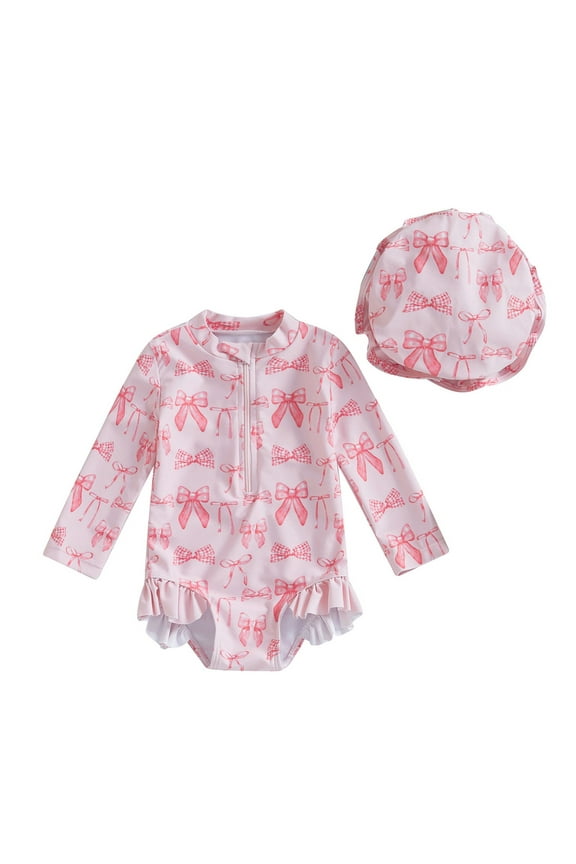 Infant Girl Swimsuit Girls Long Sleeve Swimsuit Romper With Hat Bathing Suit Beach Rash Guard for Kids 18-24 Months