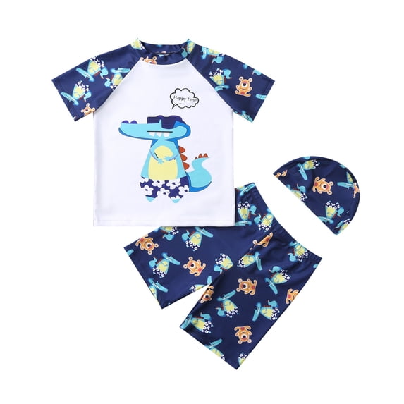 TZEWGL Little Boys Swimsuit 3 Piece Swim Set Short Sleeve Swim Shirt Swim Trunks Rash Guard Bathing Suits for Kids 5-6T