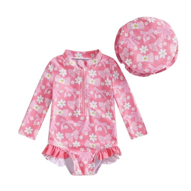 TZEWGL Girl Swimsuit Girls Long Sleeve Swimsuit Romper With Hat Bathing Suit Beach Rash Guard for Kids 3-6 Months