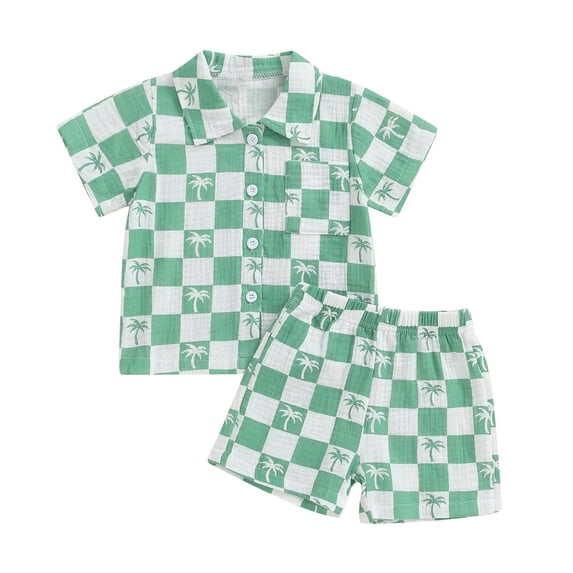 TZEWGL Toddler Boy Summer Clothes Checkered Tree Print Shirt Tops Shorts Set 2Pcs Outfit for Kids 3-4T
