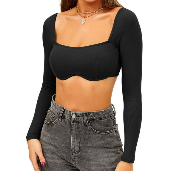 TZLDN Women's Long Sleeve Crop Tops Square Neck Corset Sexy Fashion Short Tops Seamless Slim Fit Workout Shirts Black,XS