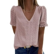 TZNBGO Elegant Women Casual Plain Short Sleeve V Neck Lace T-Shirt Blouse Tops Jacquard T-Shirt Top Pink Xl Summer Tops For Women Bohemian Tops For Women Cute Crop Tops Cold Shoulder Tops146020
