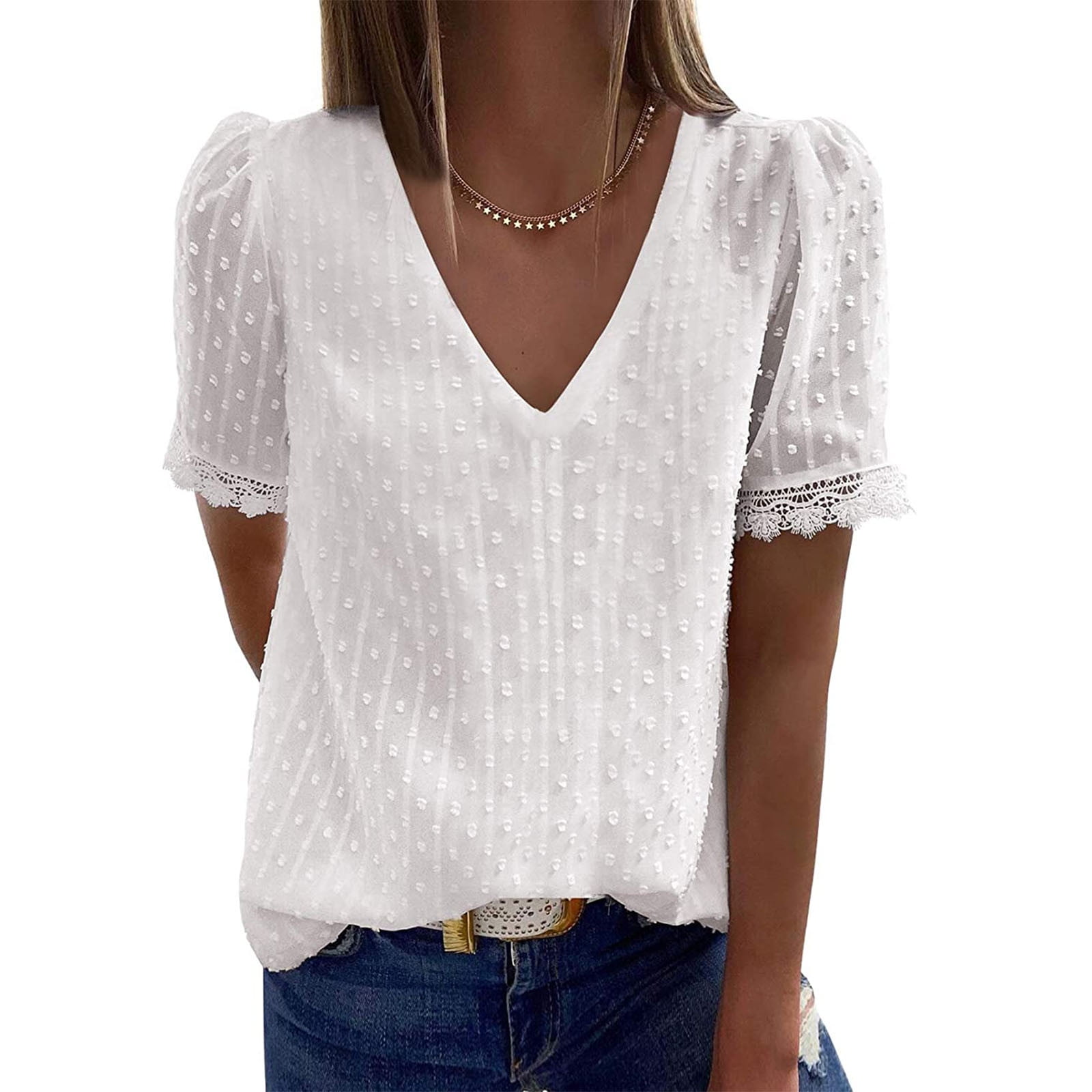 TZNBGO Elegant Women Casual Plain Short Sleeve V Neck Lace T-Shirt Blouse Tops Jacquard T-Shirt Top White Xl Women'S Summer Tops Crop Tops For Teens Plus Size Womens Tops Running Tops For146025