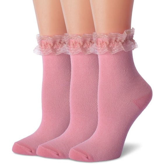 TZYDMN Women Ruffle Ankle Socks, Lace Lolita Kawaii Girls Cute Frilly Socks Pink 3 Pairs
