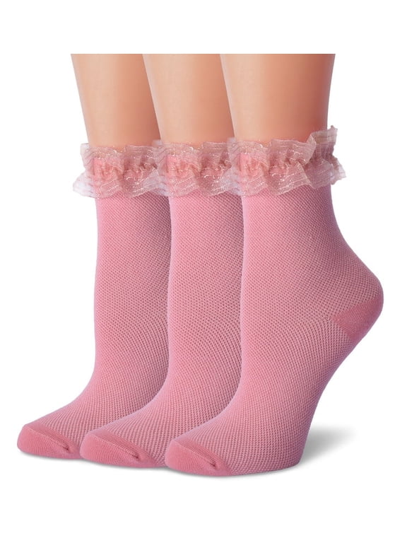 Women Ruffle Ankle Socks, Lace Lolita Kawaii Girls Cute Frilly Socks Pink 3 Pairs