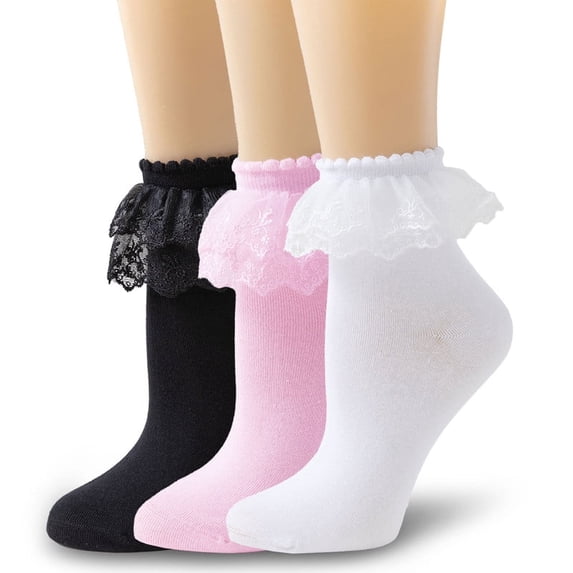 TZYDMN Women Ruffle Ankle Socks with Lace Double Layer Fashion Princess Dress Socks, 3 Pairs