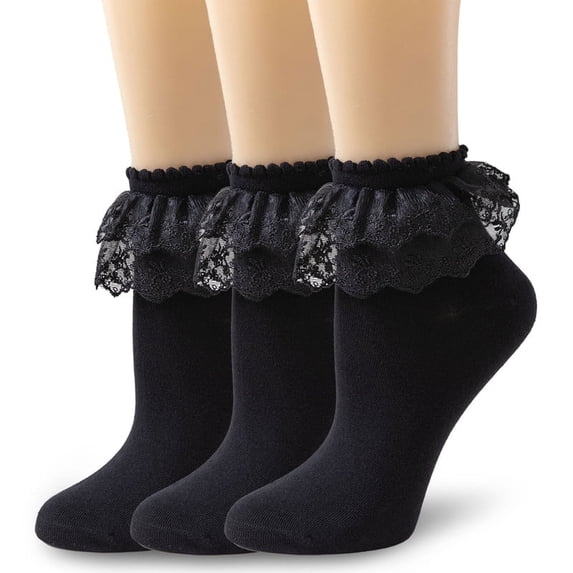 TZYDMN Women Ruffle Ankle Socks with Lace Double Layer Princess Dress Socks, 3 Pairs