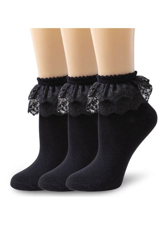 Women Ruffle Ankle Socks with Lace Double Layer Princess Dress Socks, 3 Pairs