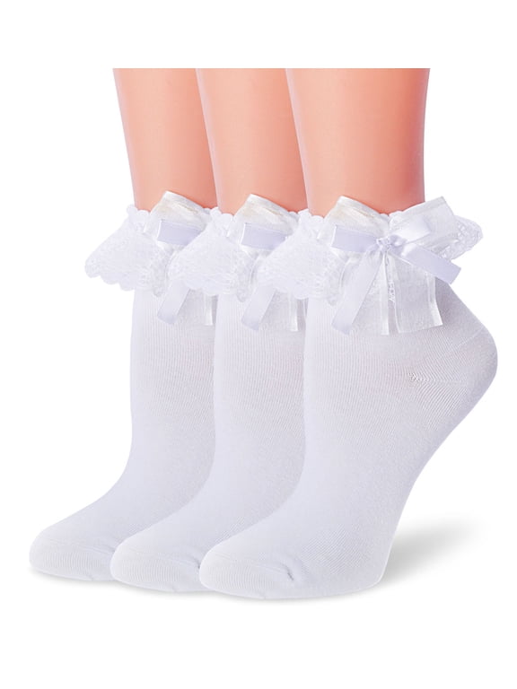 Women Ruffle Socks,Lace Ankle Frilly Comfortable Princess Socks with Bow, 3 Pairs