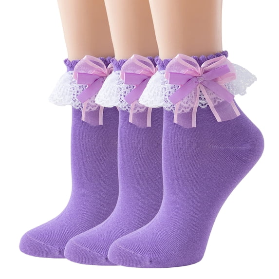 TZYDMN Women Ruffle Socks,Lace Ankle Frilly Comfortable Princess Socks with Bow, 3 Pairs