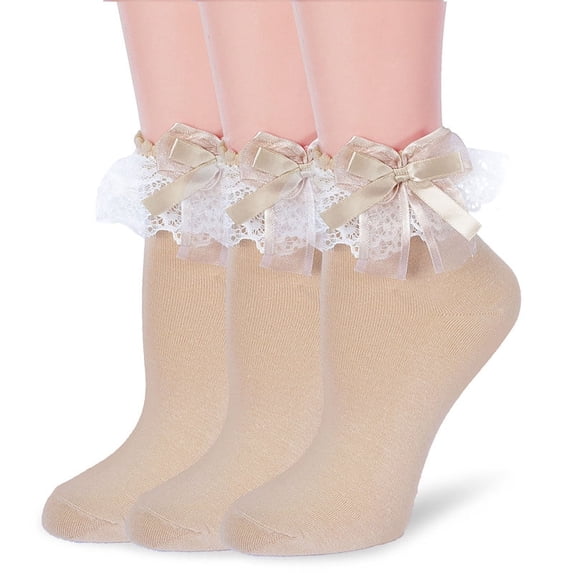 TZYDMN Women Ruffle Socks,Lace Ankle Frilly Comfortable Princess Socks with Bow, 3 Pairs