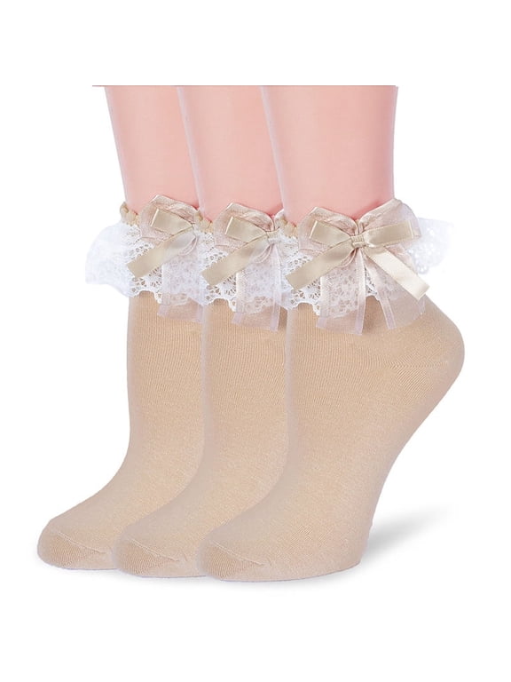 Women Ruffle Socks,Lace Ankle Frilly Comfortable Princess Socks with Bow, 3 Pairs