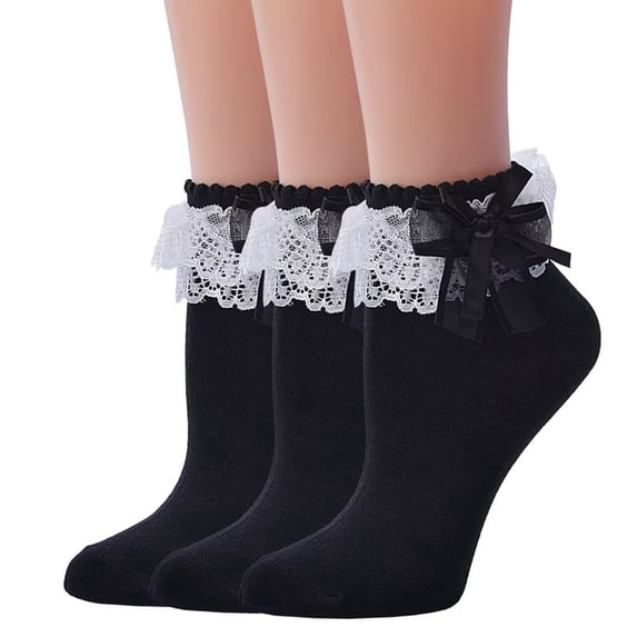 TZYDMN Women Ruffle Socks,Lace Ankle Frilly Comfortable Princess Socks with Bow, 3 Pairs