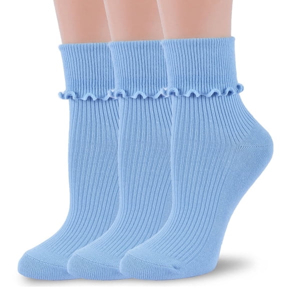 TZYDMN Womens Ruffle Ankle Socks Fashion Breathable Solid Color Turn-Cuff Cute Girls Socks 3 Pairs
