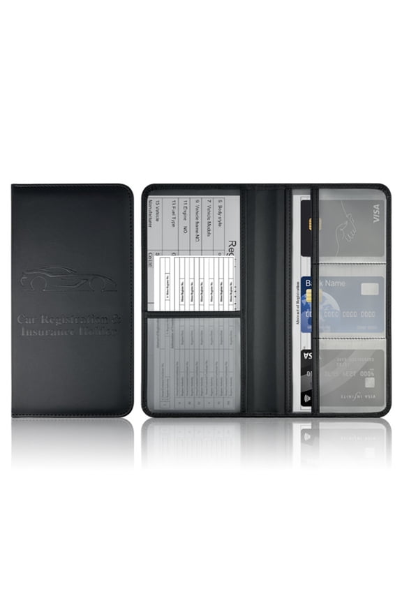 Black Leather Document Holder Drivers License Car Registration Insurance Card Organizer Protective Wallet Case for Vehicle Paperwork Storage Pu