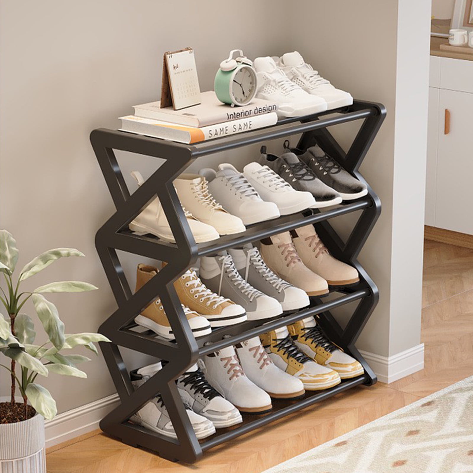 TZYUDK Black Shoe Rack Shoe Rack Organizer Four Tier Shoe Rack Daily ...