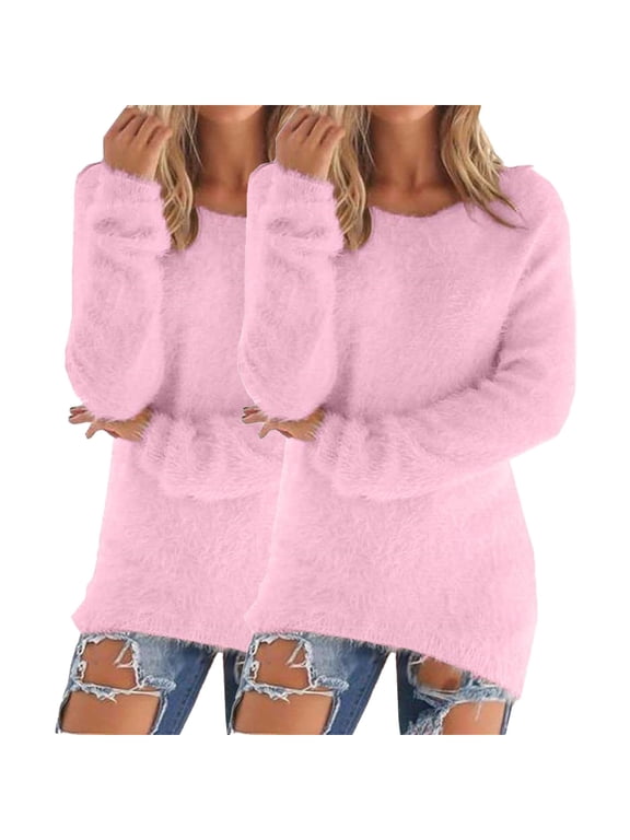 2 Pack Cozy Womens Fuzzy Loose Sweaters Soft Fluffy Pullovers Warm Sweaters Casual Crewneck Long Sleeve Pullover Shirt Cute Dressy Casual Winter Jumper Tops Loose Fit Soft Tunic Tops Pink Xxl