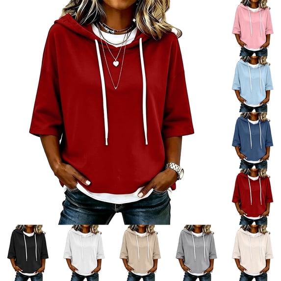 TZZQ 3/4 Sleeve Hoodie Sweatshirts for Women Drawstring Hood Oversized Pullover Sweatshirt Comfort Plain Long Sleeve Pullover Tops Plus Size Cute Basic Lightweight Hoodie Sweatshirts Beige L