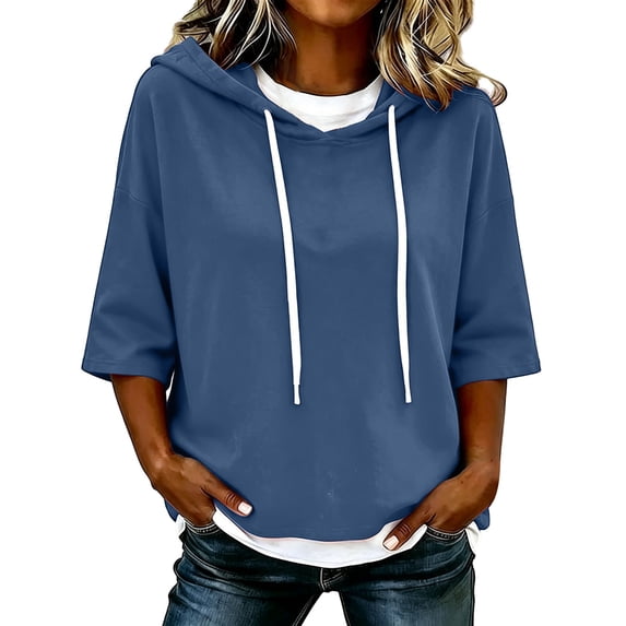 TZZQ 3/4 Sleeve Hoodie Sweatshirts for Women Drawstring Hood Oversized Pullover Sweatshirt Comfort Plain Long Sleeve Pullover Tops Plus Size Cute Basic Lightweight Hoodie Sweatshirts Navy Xl