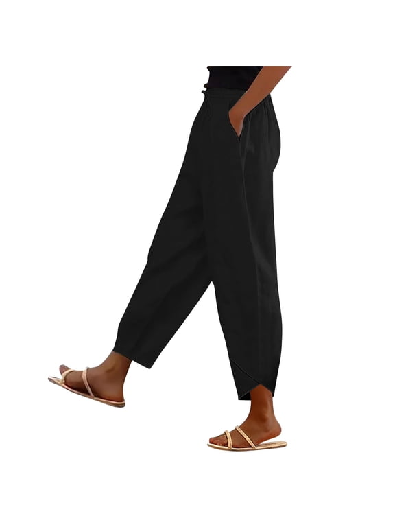 Cotton Linen Capris Pants for Women Gauze High Waisted Elastic Drawstring Wide Leg Cropped Pants with Pockets Soft Loose Fit Tulip-Hem Ankle Length Capris Casual Vacation Bottoms Black L