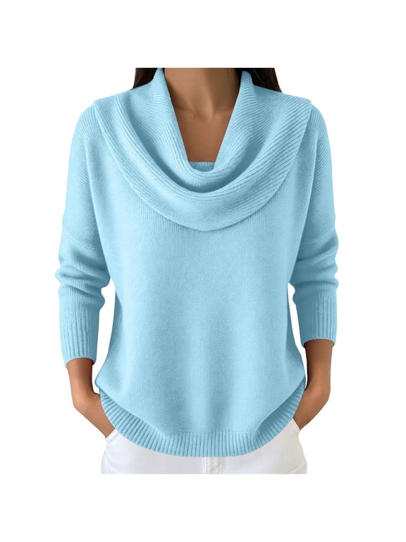 Cowl Neck Sweater for Women Soft Oversized Long Sleeve Knitted Sweaters Lightweight Elegant Drop Shoulde Pullover Top Loose Fit Cute Cozy Warm Shirts Dressy Casual Baggy Tunic Tops Light Blue M