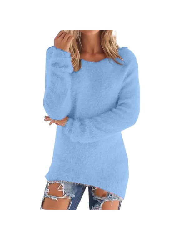 Cozy Womens Fuzzy Loose Sweaters Soft Fluffy Pullovers Warm Sweaters Oversize Soft Fuzzy Knitted Crewneck Long Sleeve Sweatshirts Plus Size Trendy Workout Thick Thermal Basic Tops Bu2 3Xl