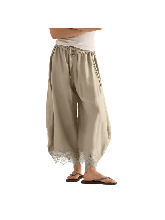 Cropped Lace Hem Pants for Women Lightweight Breathable High Waist Drawstring Wide Leg Trousers with Pockets Breathable Flowy Balloon Pants Boho Beach Vacation Barrel Palazzo Trousers Beige Xxl