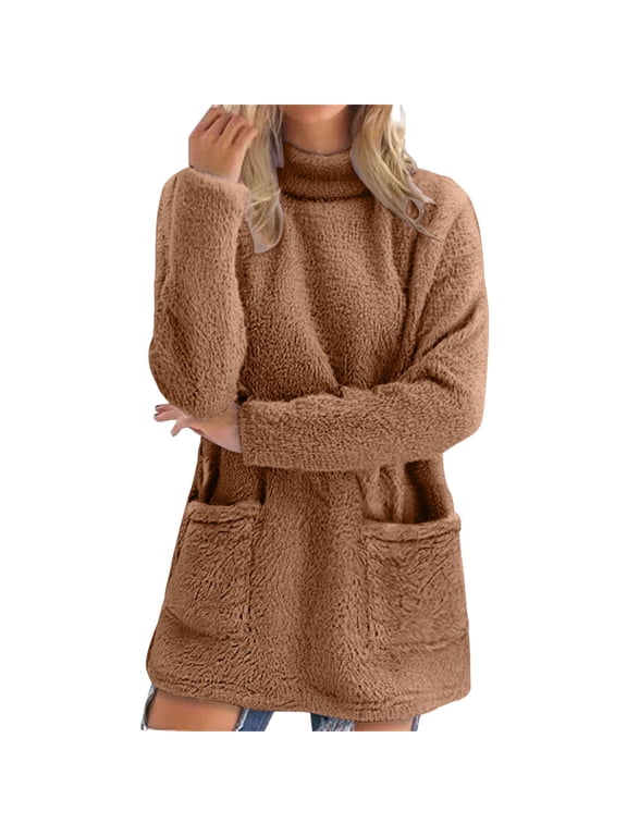 Fleece Sweatshirts for Women Fuzzy Fleece Sherpa Pullover Casual Long Sleeve Mock Neck Tunic Sweatshirt with Pockets Trendy Loungewear Tunic Tops Daily Lounge Streetwear Outfit Khaki Xxl
