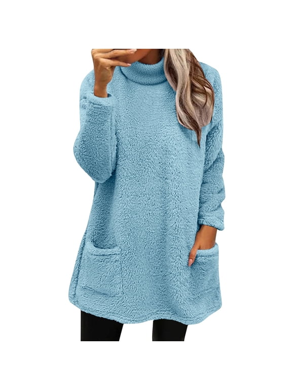Fleece Sweatshirts for Women Plus Size Casual Long Sleeve Fuzzy Sherpa Pullover Winter Warm Cozy Sweaters Trendy Pullover Loungewear Cozy Tunic Sweatshirt To Wear with Leggings Sky Blue Xxl