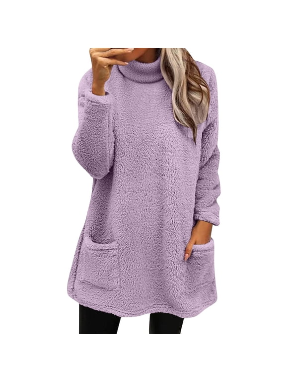 Fleece Sweatshirts for Women Plus Size Casual Long Sleeve Fuzzy Sherpa Pullover Winter Warm Cozy Sweaters Trendy Pullover Loungewear Cozy Tunic Sweatshirt To Wear with Leggings Light Violet 3Xl