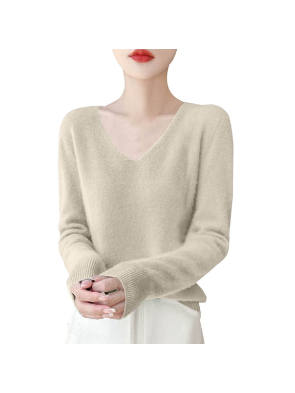 Fuzzy Sweaters for Women Oversized V Neck Long Sleeve Knitted Pullover Sweaters Soft Cozy Winter Warm Sweatshirts Lightweight Basic Layering Sweat Shirts Soft Business Casual Top Beige M