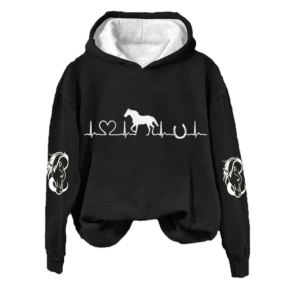 TZZQ Heartbeat Horse Sweatshirt for Women Cute Western Horses Fleece Lined Hoodies Long Sleeve Graphic Pullover Hoodie Soft Cozy Fleece Sports Tops Winter Warm Streetwear Sweatshirt Black S