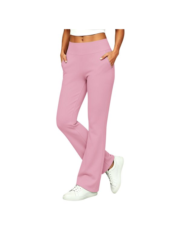 High Waisted Dress Pants for Women Elastic Waist Office Work Pull On Slacks with Side Pockets Comfortable Stretch Office Work Pants Dressy Casual Crossover Yoga Flare Leggings Pink S