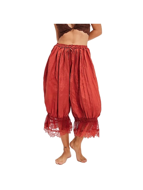 Lace Trim Bloomers for Women Ruffle Elastic Waist Long Bloomers Wide Leg Cropped Lounge Pajama Bottoms Vintage Going Out Capri Pantaloons Summer Beach Travel Vacation Culottes Red S
