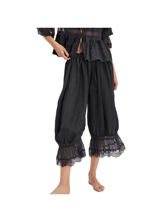 Lace Trim Bloomers for Women Ruffle Elastic Waist Long Bloomers Wide Leg Cropped Lounge Pajama Bottoms Vintage Going Out Capri Pantaloons Summer Beach Travel Vacation Culottes Black M
