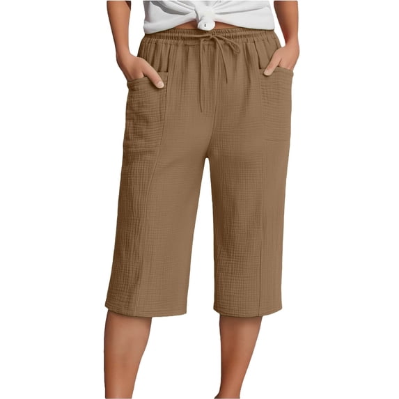 TZZQ Linen Straight Wide Leg Capris Pants for Women High Waisted Lounge Pant Loose Comfy Drawstring Beach Capris with Pockets Lightweight Baggy Bermuda Shorts Casual Cropped Trousers Coffee 3Xl
