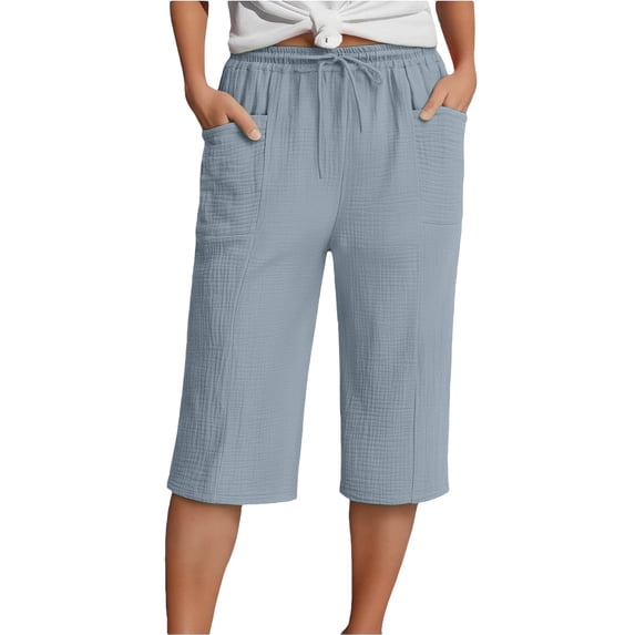 TZZQ Linen Straight Wide Leg Capris Pants for Women High Waisted Lounge Pant Loose Comfy Drawstring Beach Capris with Pockets Lightweight Baggy Bermuda Shorts Casual Cropped Trousers Grey L