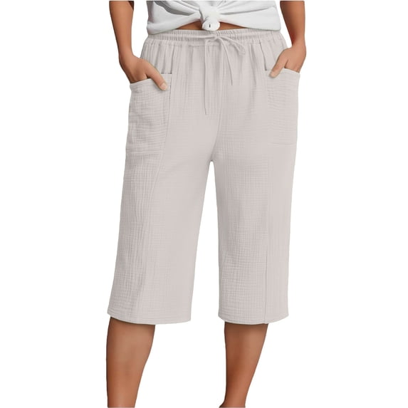 TZZQ Linen Straight Wide Leg Capris Pants for Women High Waisted Lounge Pant Loose Comfy Drawstring Beach Capris with Pockets Lightweight Baggy Bermuda Shorts Casual Cropped Trousers Beige L