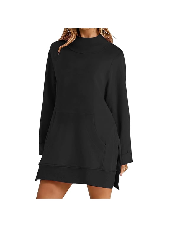 Mock Neck Sweatshirt Dress for Women Stand Collar Oversized Long Sleeve Pullover Tunic Sweatshirt with Pocket Plus Size Side Split Hem Oversized Casual Basic Long Sweatshirt Dress Black S