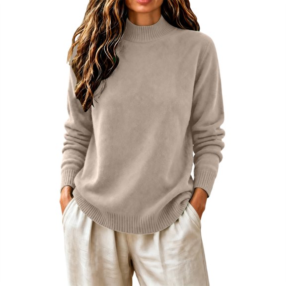 TZZQ Mock Turtleneck Knit Sweaters for Women Long Sleeve Basic Pullover Undershirts Dressy Casual Cozy Fuzzy Layer Shirts Loose Fit Warm Slouchy Underscrub Comfy Business Casual Sweaters Khakixxl