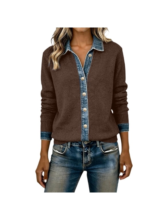 Patchwork Denim Knit Jacket for Women Button Down Collared Long Sleeve Knit Cardigan Sweaters Loose Fit Cozy Track Jackets Lightweight Soft Office Basic Splicing Shirts Fashion Jackets Coffee S