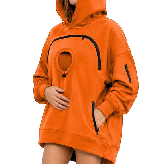TZZQ Pet Pouch Hoodie Sweatshirt for Women Oversized Long Sleeve Snack Carrier Hoodies with Pouch Pull Pocket Soft Cozy Drop Shoulder Pullover Sweatshirts Casual Loungewear Tunic Tops Orange L