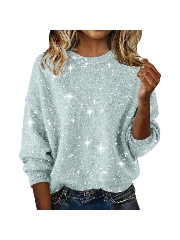 Sequin Sweaters for Women Long Sleeve Crewneck Knit Pullover Sweater Oversized Sparkly Lightweight Drop Shoulder Tunic Shirts Loose Loungewear Top Trendy Party Club Outfit Light Green 3Xl