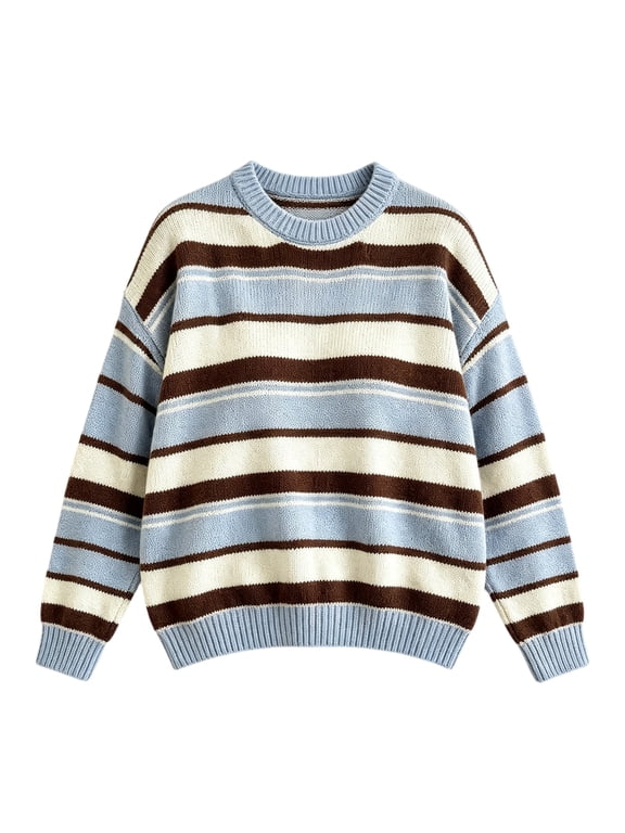 Striped Crewneck Knit Sweaters for Women Oversized Long Sleeve Color Block Knit Pullover Sweaters Soft Warm Drop Shoulder Jumpers Vintage Streetwear Preppy Jumper Slouchy Work Shirts Sky Blues