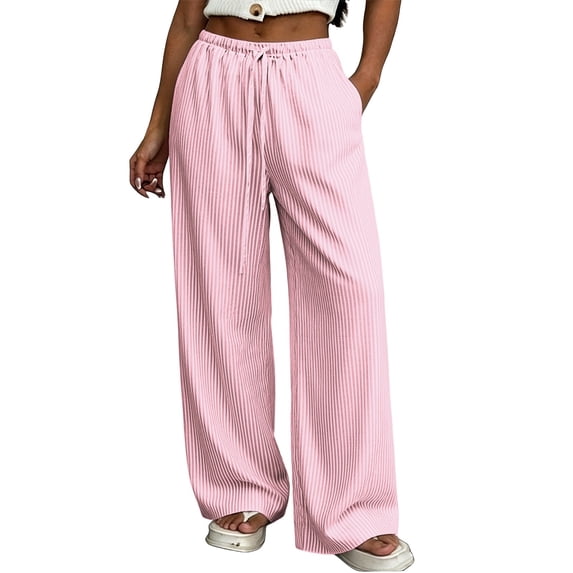 TZZQ Striped Linen Pants Wide Leg Drawstring Elastic Waist Trousers with Pockets Lightweight Loose Striped Gingham Plaid Lounge Pants Summer Casual Relaxed Fit Beach Vacation Flowy Slacks Pink L